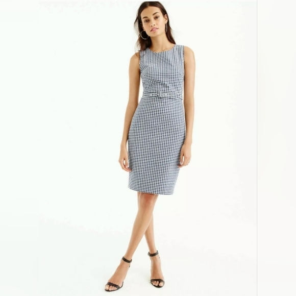 *NWT* J Crew Belted Gingham Midi Business Sheath Dress Navy Blue White Size 0 - Picture 1 of 7